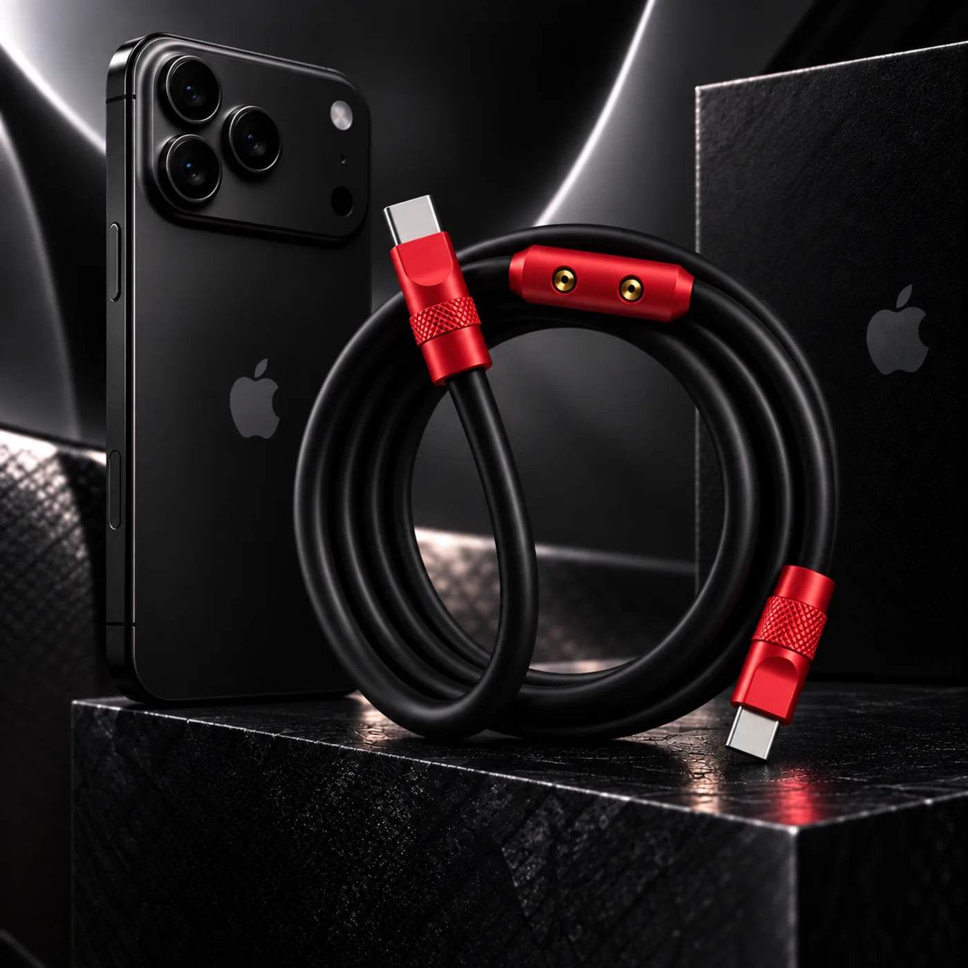 PhatCable braided USB-C cable with machined red aluminium connectors, coiled beside a phone